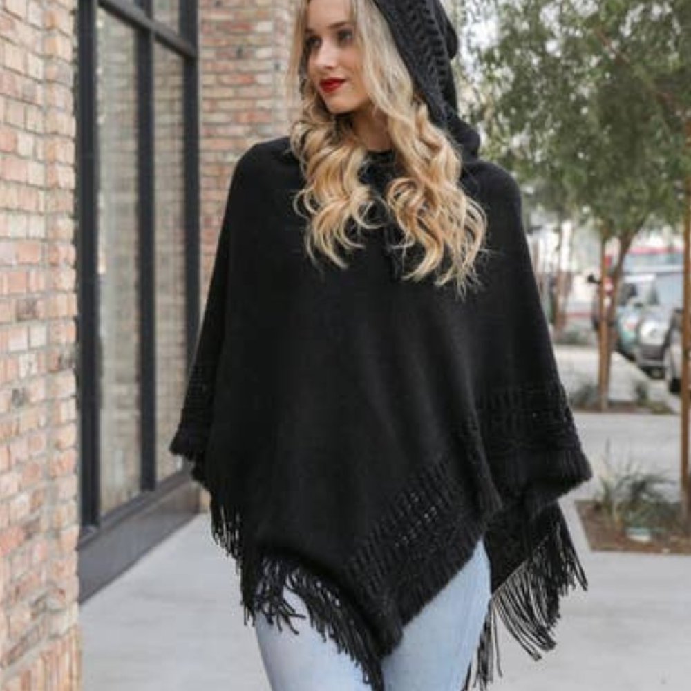 Hooded Lace Up Knit Poncho - Black
